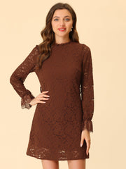 Lace Floral Ruffle Crew Neck Cocktail Mini Dress