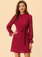 Lace Floral Ruffle Crew Neck Cocktail Mini Dress
