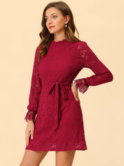 Lace Floral Ruffle Crew Neck Cocktail Mini Dress