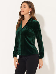 Velvet Blouse Collared Long Sleeve Button Down Shirt Top