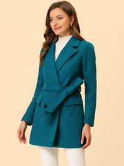 Notch Lapel Double Breasted Belted Mid Long Outwear Winter Coat