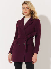 Notch Lapel Double Breasted Belted Mid Long Outwear Winter Coat
