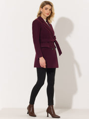 Notch Lapel Double Breasted Belted Mid Long Outwear Winter Coat