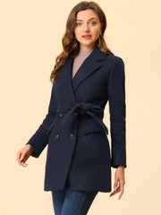 Notch Lapel Double Breasted Belted Mid Long Outwear Winter Coat