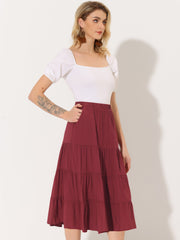 Midi Solid Elastic Waist Flare Tiered Long Pockets A-Line Skirt