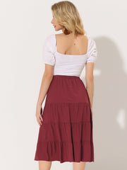 Midi Solid Elastic Waist Flare Tiered Long Pockets A-Line Skirt