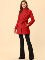 Classic Stand Collar Long Sleeve Belted Winter Coat
