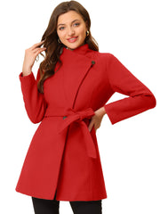 Classic Stand Collar Long Sleeve Belted Winter Coat