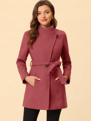 Classic Stand Collar Long Sleeve Belted Winter Coat