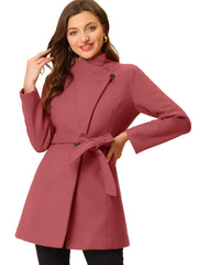 Classic Stand Collar Long Sleeve Belted Winter Coat
