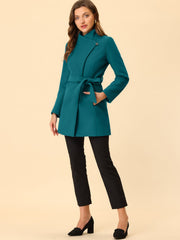 Classic Stand Collar Long Sleeve Belted Winter Coat