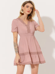 Boho Puff Sleeve V Neck Smocked Waist Ruffled Tiered Dress