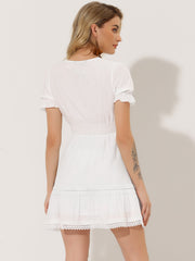 Boho Puff Sleeve V Neck Smocked Waist Ruffled Tiered Dress
