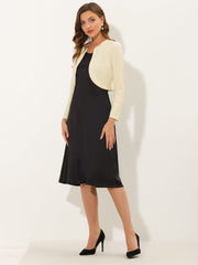 Curved Hem Long Sleeves Open Front Cropped Jacket Bolero Shrug