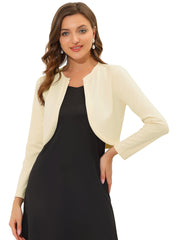 Curved Hem Long Sleeves Open Front Cropped Jacket Bolero Shrug