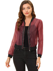 Zip Up See Through Lightweight Long Sleeve Mesh Bomber Jacket