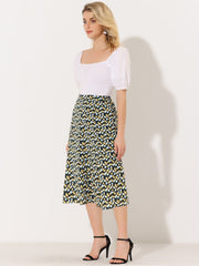 Floral Peasant Elastic Waist A-Line Ditsy Leave Midi Skirt