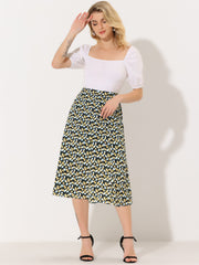 Floral Peasant Elastic Waist A-Line Ditsy Leave Midi Skirt