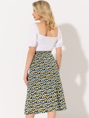 Floral Peasant Elastic Waist A-Line Ditsy Leave Midi Skirt