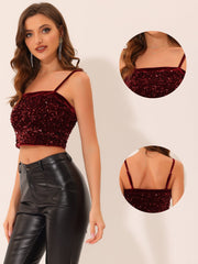 Sequined Velvet Spaghetti Strap Club Party Cropped Cami Top