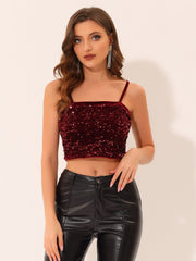 Sequined Velvet Spaghetti Strap Club Party Cropped Cami Top