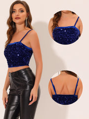 Sequined Velvet Spaghetti Strap Club Party Cropped Cami Top