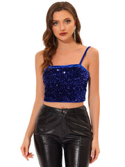 Sequined Velvet Spaghetti Strap Club Party Cropped Cami Top