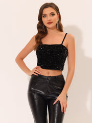 Sequined Velvet Spaghetti Strap Club Party Cropped Cami Top