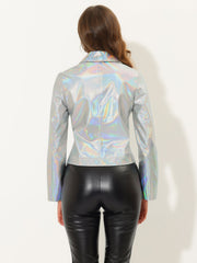 Metallic Biker Holographic Shiny Zipper Notched Jackets