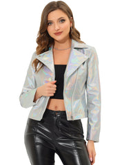 Metallic Biker Holographic Shiny Zipper Notched Jackets