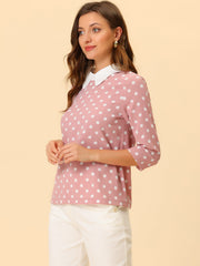 Polka Dots Contrast Peter Pan Collar Top 3/4 Sleeve Blouse Shirt