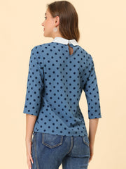 Polka Dots Contrast Peter Pan Collar Top 3/4 Sleeve Blouse Shirt