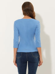 3/4 Sleeve Solid Knitted Button Decor Ruched Blouse