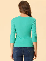 3/4 Sleeve Solid Knitted Button Decor Ruched Blouse