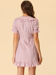 Gingham Checks Ruffled Peter Pan Collar 1960s Vintage Mini Dress