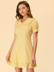 Gingham Checks Ruffled Peter Pan Collar 1960s Vintage Mini Dress