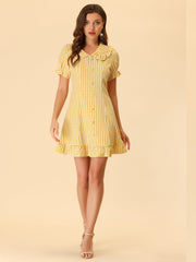 Gingham Checks Ruffled Peter Pan Collar 1960s Vintage Mini Dress
