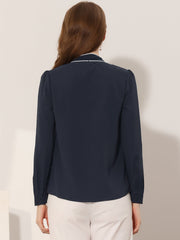 Tie Neck Contrast Color Button Down Long Sleeve Shirt