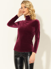 Turtleneck Velvet Top Long Sleeve Work Shirt Basic Velour Blouse