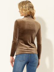Turtleneck Velvet Top Long Sleeve Work Shirt Basic Velour Blouse