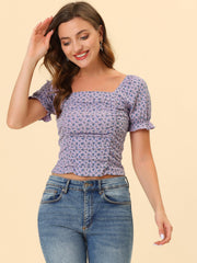Smocked Crop Top Slim Fit Peasant Floral Blouse