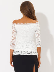 Elegant Lace Blouse Semi Sheer 3/4 Sleeve Off Shoulder Peplum Top