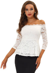 Elegant Lace Blouse Semi Sheer 3/4 Sleeve Off Shoulder Peplum Top
