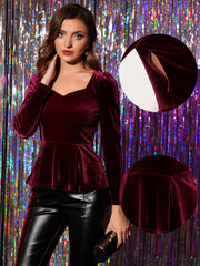 Velvet Blouse Elegant Sweetheart Neck Long Sleeve Peplum Top