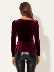 Velvet Blouse Elegant Sweetheart Neck Long Sleeve Peplum Top