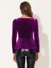 Velvet Blouse Elegant Sweetheart Neck Long Sleeve Peplum Top