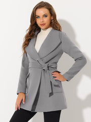Shawl Collar Lapel Double Breasted Winter Belted Coat with Pockets