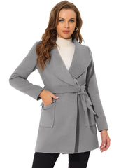 Shawl Collar Lapel Double Breasted Winter Belted Coat with Pockets