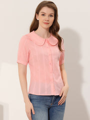 Peter Pan Collar Swiss Dots Short Sleeve Button Front Shirt Blouse