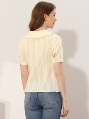 Peter Pan Collar Swiss Dots Short Sleeve Button Front Shirt Blouse